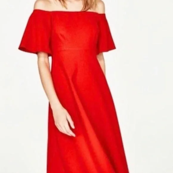 strapless open back dress ZARA Wine Red Off-the-Shoulder Midi Dress​ main image 1